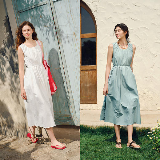 森马连衣裙女纯色无袖长裙休闲温柔时尚2025夏新款收腰背心裙优雅 商品图3