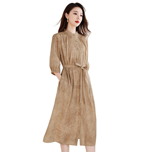 QS-82599532【真丝亚麻】新中式立领复古气质中长裙炒色桑蚕丝连衣裙女9532 商品图4