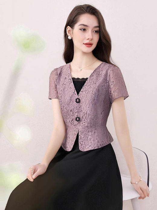 「自」全新升级【铂金会员220/天猫299/差价79】(11623)时尚蕾丝短袖拼接假两件连衣裙女夏季2025新款收腰显瘦裙子 商品图3