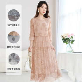QS-82599670【100%真丝】夏季大码宽松中大淑妈妈装桑蚕丝顺纡绣花连衣裙9670