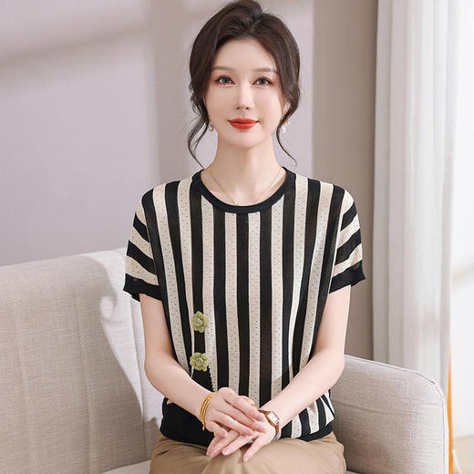 中年妈妈夏装洋气短袖小衫2025新款中老年女装薄款条纹冰丝上衣服 商品图2