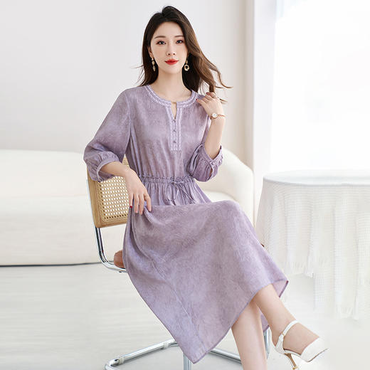 QS-82598888【网红爆款】夏季丝麻炒色真丝亚麻连衣裙女桑蚕丝圆领中长裙8888 商品图3