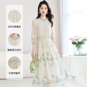 QS-82599696【定位激光绣花】彩色绣花中长款淑女裙夏新100%桑蚕丝连衣裙9696