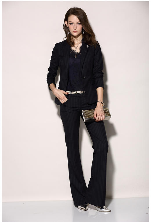 J81A1844B颈袖添香春秋新款时尚气质正装修身藏青条纹职业装女装套装J81A1844B 商品图3