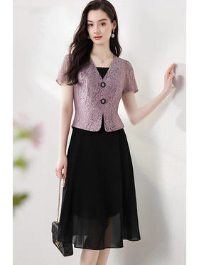 「自」全新升级【铂金会员220/天猫299/差价79】(11623)时尚蕾丝短袖拼接假两件连衣裙女夏季2025新款收腰显瘦裙子