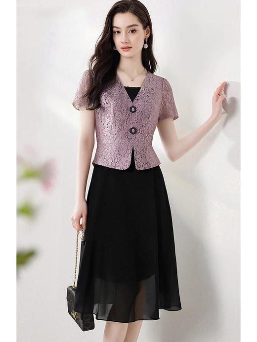 「自」全新升级【铂金会员220/天猫299/差价79】(11623)时尚蕾丝短袖拼接假两件连衣裙女夏季2025新款收腰显瘦裙子 商品图0