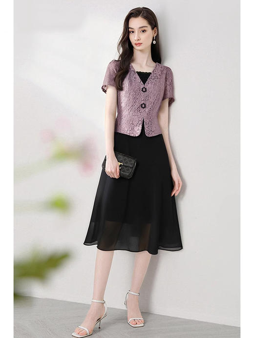 「自」全新升级【铂金会员220/天猫299/差价79】(11623)时尚蕾丝短袖拼接假两件连衣裙女夏季2025新款收腰显瘦裙子 商品图2