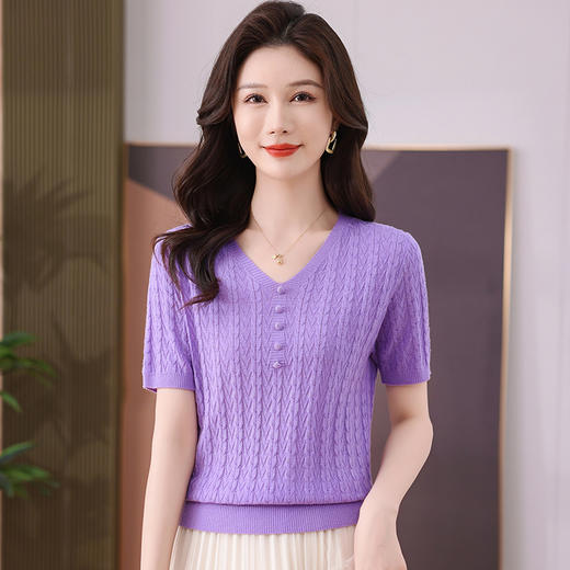 FCY QQ9207冰丝短袖T恤V领纽扣宽松显瘦针织衫 商品图3