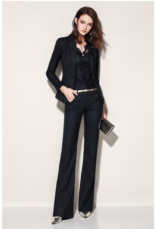 J81A1844B颈袖添香春秋新款时尚气质正装修身藏青条纹职业装女装套装J81A1844B 商品图1