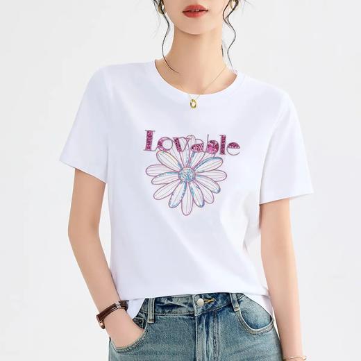 「自」全新升级【铂金会员109/天猫139/差价30】(10908)洛诗琳小雏菊珠片刺绣T恤2025新款宽松显瘦圆领丝光棉上衣10908 商品图1