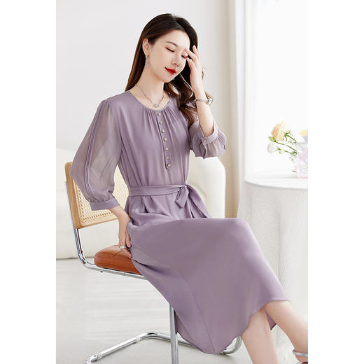 QS-82599130【紫色韵味】91.8%桑蚕丝弹力双乔连衣裙收腰通勤显瘦礼服裙9130 商品图2