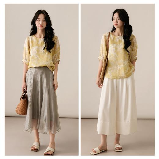 茉香花风浅剪纸印花灯笼袖雪纺上衣 商品图2