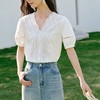 2025夏季法式气质拼接白色全棉蕾丝刺绣花边V领短袖上衣！ 商品缩略图2