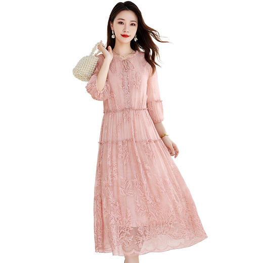 QS-82599722【气质优雅】真丝顺纡绣花A字中长裙大码百搭桑蚕丝连衣裙女9722 商品图4