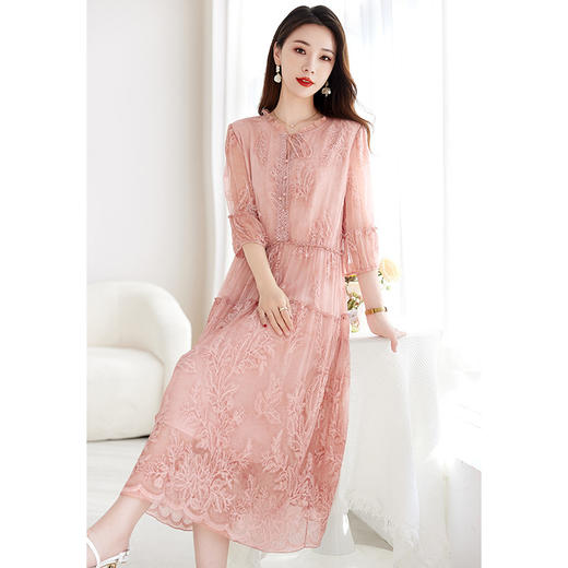 QS-82599722【气质优雅】真丝顺纡绣花A字中长裙大码百搭桑蚕丝连衣裙女9722 商品图3