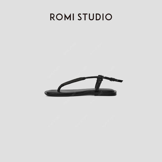 ROMI STUDIO黑色老钱羊皮革一字式扣带平底夹趾凉鞋 RWCRP32806【发货时效25天】 商品图1