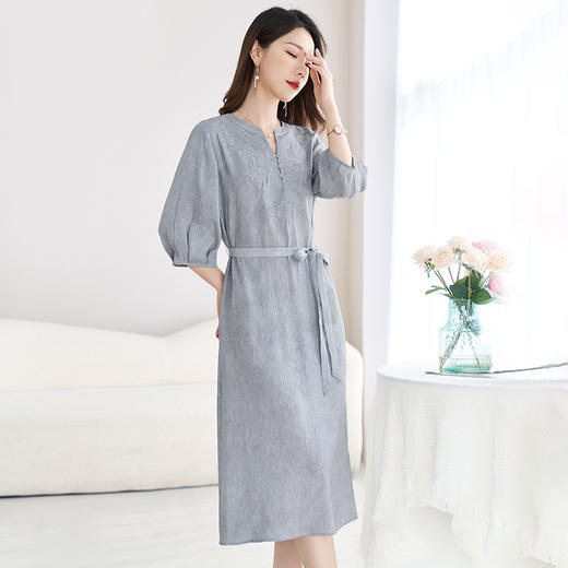 QS-82599526【真丝亚麻】清凉夏季新款桑蚕丝连衣裙女原创炒色亚麻中长裙9526 商品图2