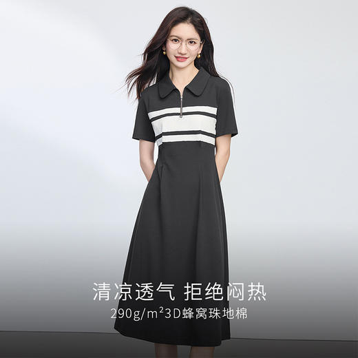 【专属特价】熙世界美式学院风休闲撞色条纹POLO领连衣裙女短袖2025夏日新款 商品图1