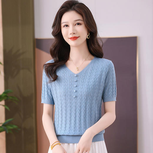 FCY QQ9207冰丝短袖T恤V领纽扣宽松显瘦针织衫 商品图4