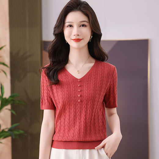 FCY QQ9207冰丝短袖T恤V领纽扣宽松显瘦针织衫 商品图0