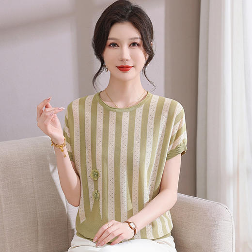 中年妈妈夏装洋气短袖小衫2025新款中老年女装薄款条纹冰丝上衣服 商品图1