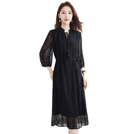 QS-82501031【5A桑蚕丝】中大淑女装100%真丝绣花连衣裙立领收腰中长裙子1031 商品图4