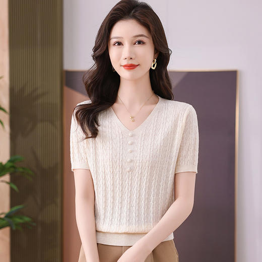 FCY QQ9207冰丝短袖T恤V领纽扣宽松显瘦针织衫 商品图2