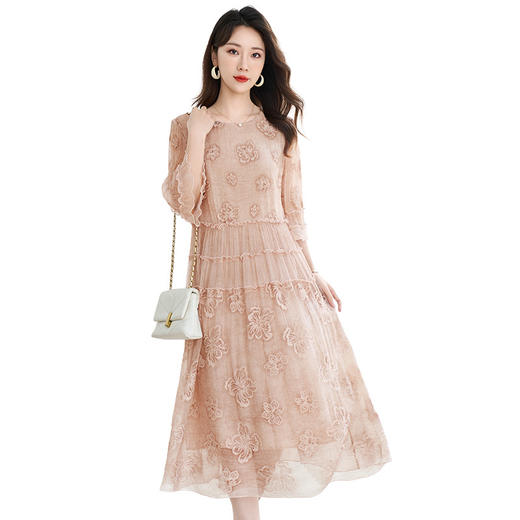 QS-82599670【100%真丝】夏季大码宽松中大淑妈妈装桑蚕丝顺纡绣花连衣裙9670 商品图4