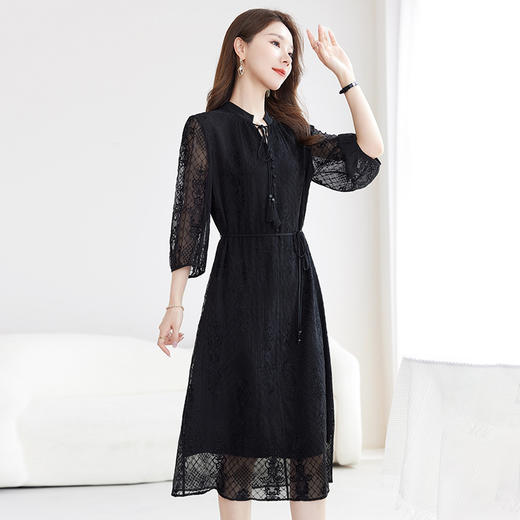 QS-82501031【5A桑蚕丝】中大淑女装100%真丝绣花连衣裙立领收腰中长裙子1031 商品图2