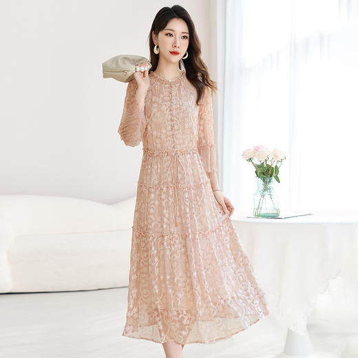 QS-82599726【真丝顺纡绣花】夏季显瘦木耳边中长裙减龄桑蚕丝连衣裙女9726 商品图2