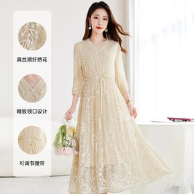 QS-82599326【100%桑蚕丝】重工顺纡绣花V龄连衣裙夏清凉显瘦大码中长裙9326