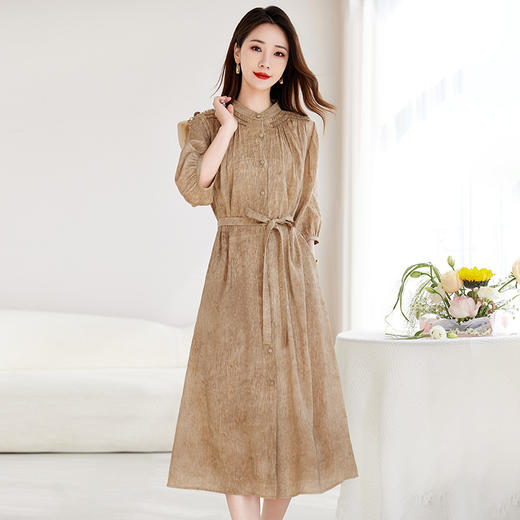 QS-82599532【真丝亚麻】新中式立领复古气质中长裙炒色桑蚕丝连衣裙女9532 商品图1