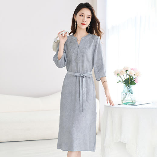 QS-82599526【真丝亚麻】清凉夏季新款桑蚕丝连衣裙女原创炒色亚麻中长裙9526 商品图1