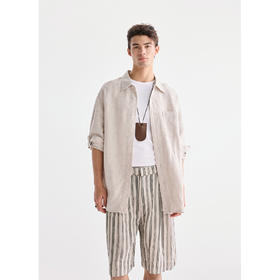 棉仓3621018005-【南法假日】双褶雨露麻直筒松紧腰休闲短裤