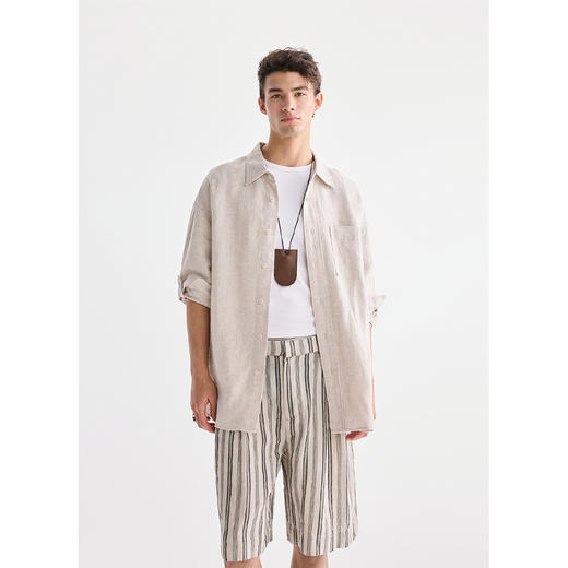 棉仓3621018005-【南法假日】双褶雨露麻直筒松紧腰休闲短裤 商品图0