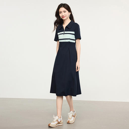 【专属特价】熙世界美式学院风休闲撞色条纹POLO领连衣裙女短袖2025夏日新款 商品图4
