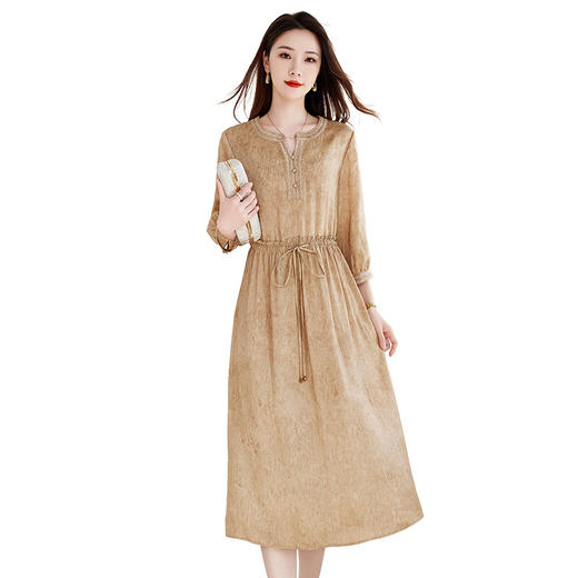 QS-82598888【网红爆款】夏季丝麻炒色真丝亚麻连衣裙女桑蚕丝圆领中长裙8888 商品图4