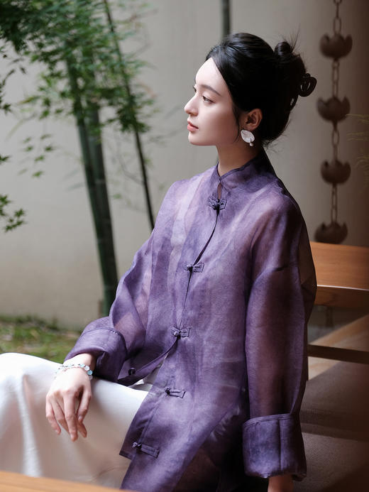 盛唐牡丹 |炒色真丝欧根缎对襟外套-紫色(售完不补) 商品图2