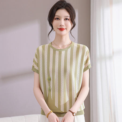 中年妈妈夏装洋气短袖小衫2025新款中老年女装薄款条纹冰丝上衣服 商品图3
