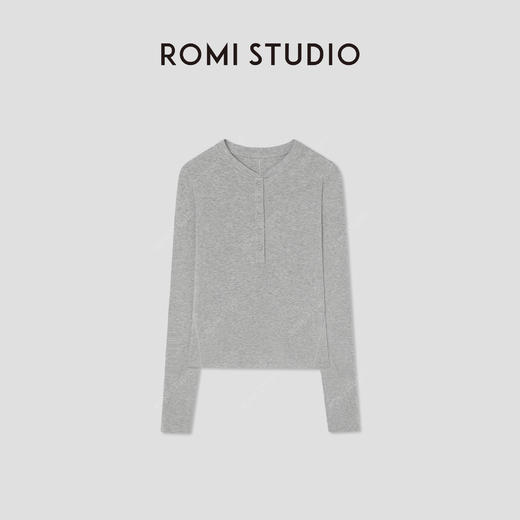 ROMI STUDIO 极简花纱灰亨利领长袖T恤/轻盈柔软弹力 RW24WST1402 商品图0