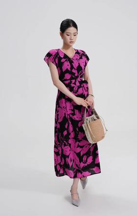 SZ2S67_魏紫色_连衣裙_夏季_V领蝙蝠袖系带收腰黑底 A 字_高级女装_BERNIEELEN 伯妮斯茵