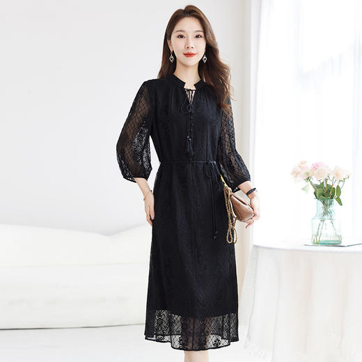 QS-82501031【5A桑蚕丝】中大淑女装100%真丝绣花连衣裙立领收腰中长裙子1031 商品图1