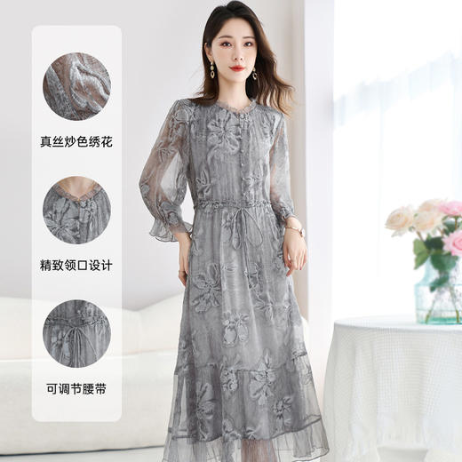 QS-82599372【100%桑蚕丝】达人直播重工绣花中长裙炒色桑蚕丝连衣裙女9372 商品图0
