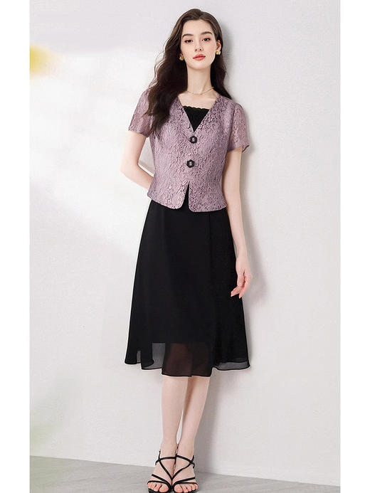 「自」全新升级【铂金会员220/天猫299/差价79】(11623)时尚蕾丝短袖拼接假两件连衣裙女夏季2025新款收腰显瘦裙子 商品图1