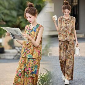 新中式国风刺绣花色套装，时尚洋气马甲阔腿裤三件套潮HR-ASLZ2596