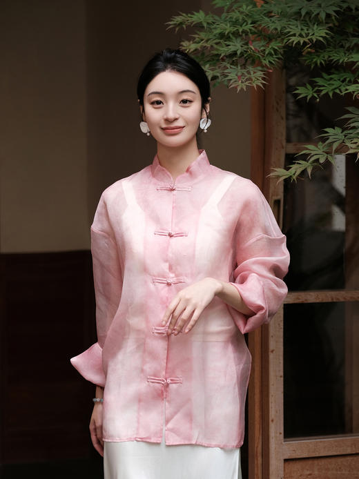 盛唐牡丹| 炒色真丝欧根缎对襟外套-粉色(售完不补) 商品图0