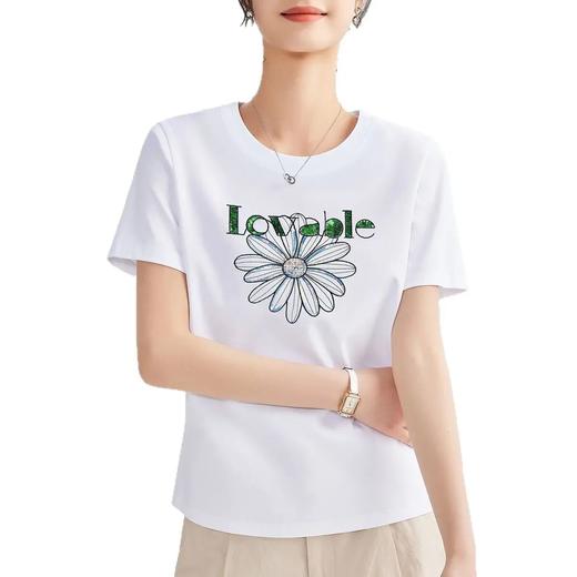 「自」全新升级【铂金会员109/天猫139/差价30】(10908)洛诗琳小雏菊珠片刺绣T恤2025新款宽松显瘦圆领丝光棉上衣10908 商品图4