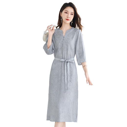 QS-82599526【真丝亚麻】清凉夏季新款桑蚕丝连衣裙女原创炒色亚麻中长裙9526 商品图4