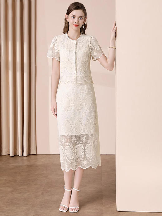 「自」全新升级【铂金会员293/天猫389/差价96】(99456)洛诗琳名媛气质蕾丝套装裙女夏季2025新款镂空绣花上衣半身裙两件套 商品图2