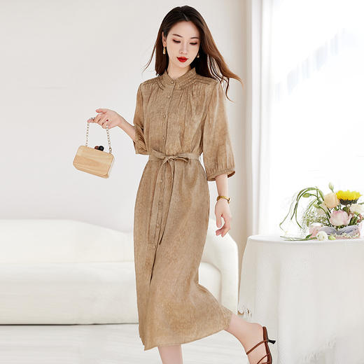 QS-82599532【真丝亚麻】新中式立领复古气质中长裙炒色桑蚕丝连衣裙女9532 商品图2